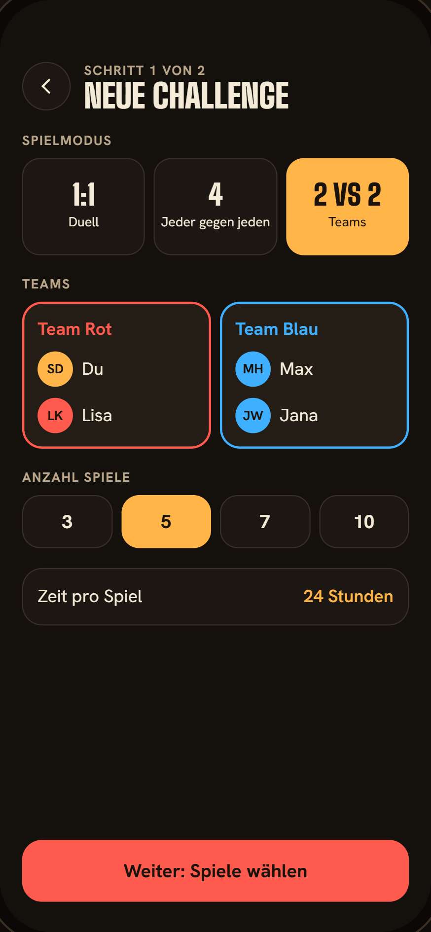 App-Entwurf: Runde erstellen, Modus 2 gegen 2, Team Rot und Team Blau, 5 Spiele