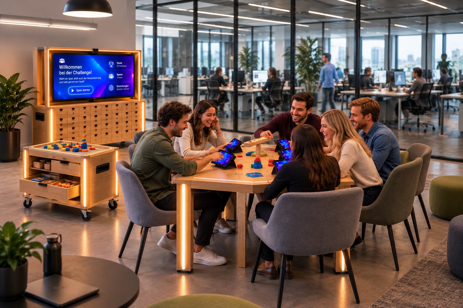 Großraumbüro: Kollegen spielen im Pausenbereich am Spieltisch, dahinter Arbeitsplätze hinter Glas