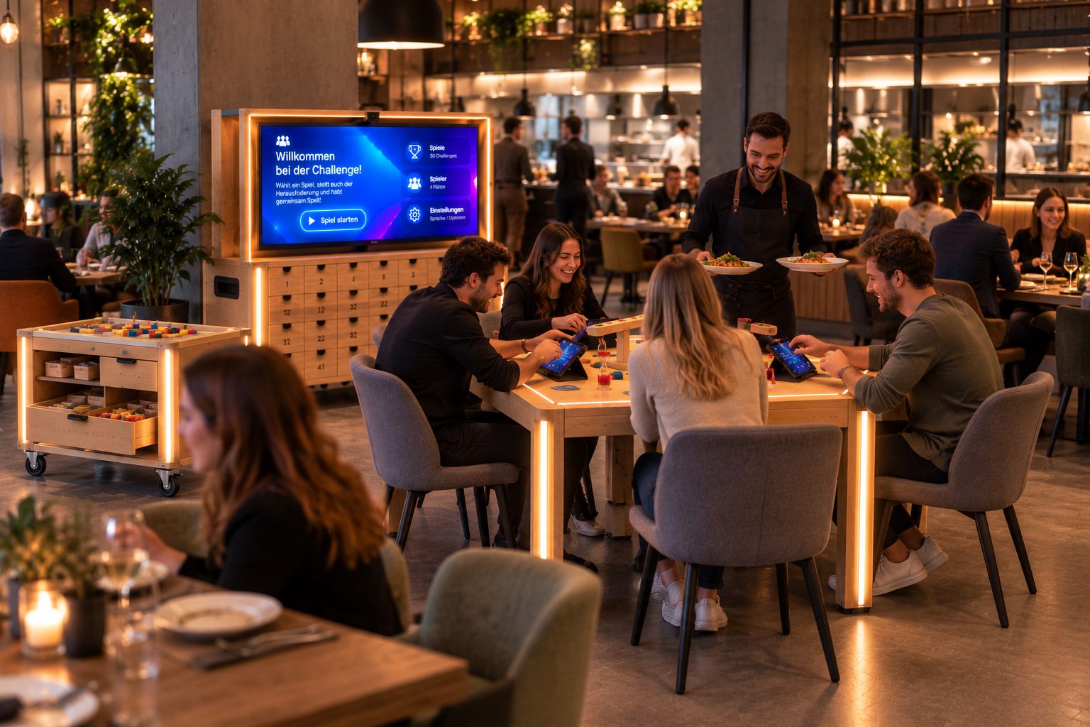 Restaurant: Gäste spielen am Spieltisch, ein Kellner bringt das Essen