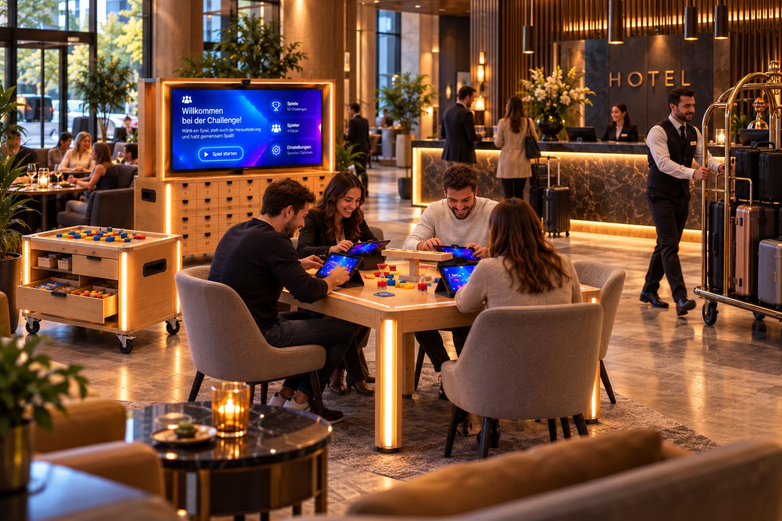 Hotel-Lobby: vier Gäste spielen am Spieltisch, im Hintergrund Rezeption und Gepäckwagen