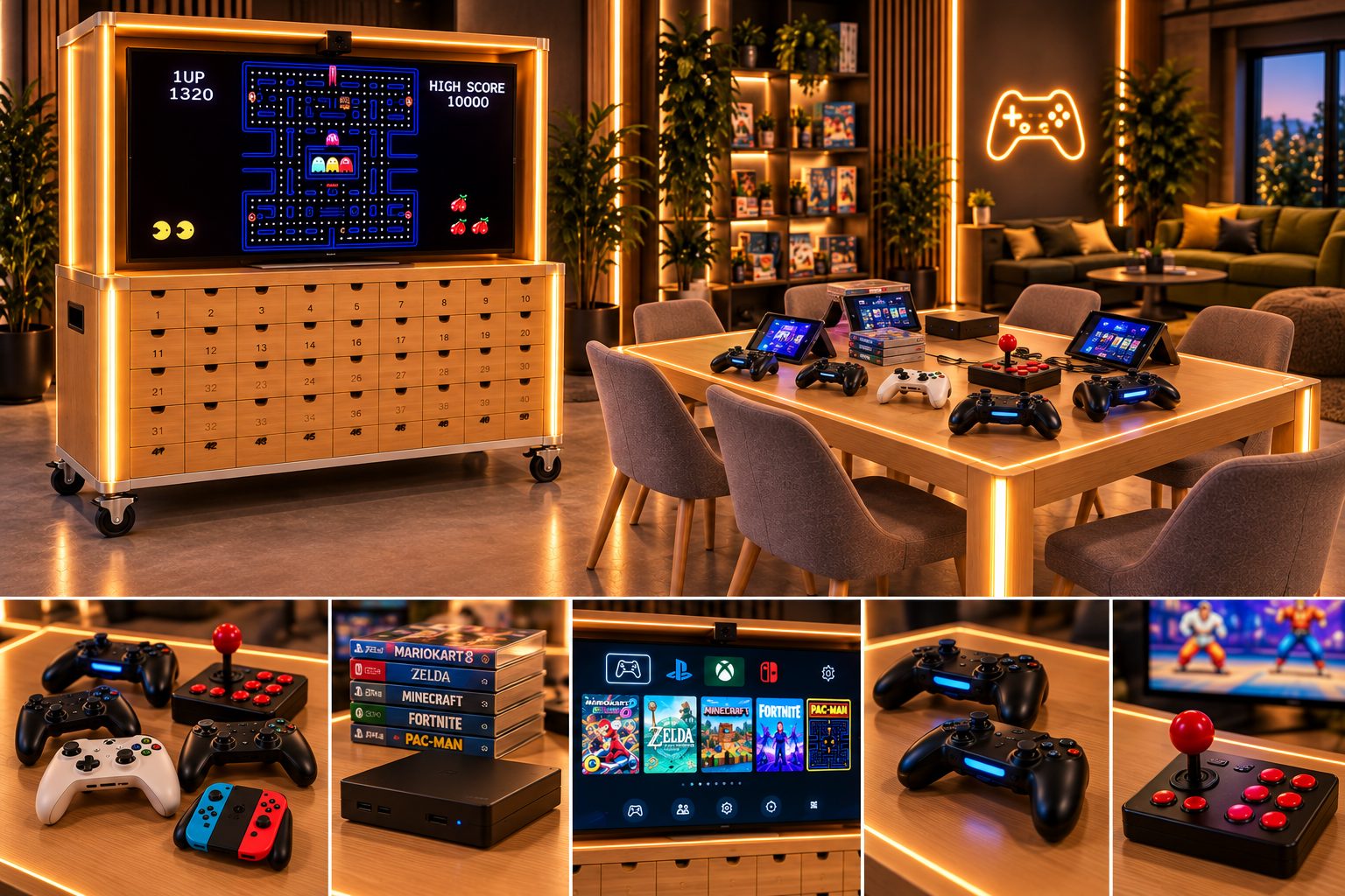 Gaming-Paket am Spieltisch mit Controllern, Arcade-Stick, Konsole und Spieleauswahl am Bildschirm