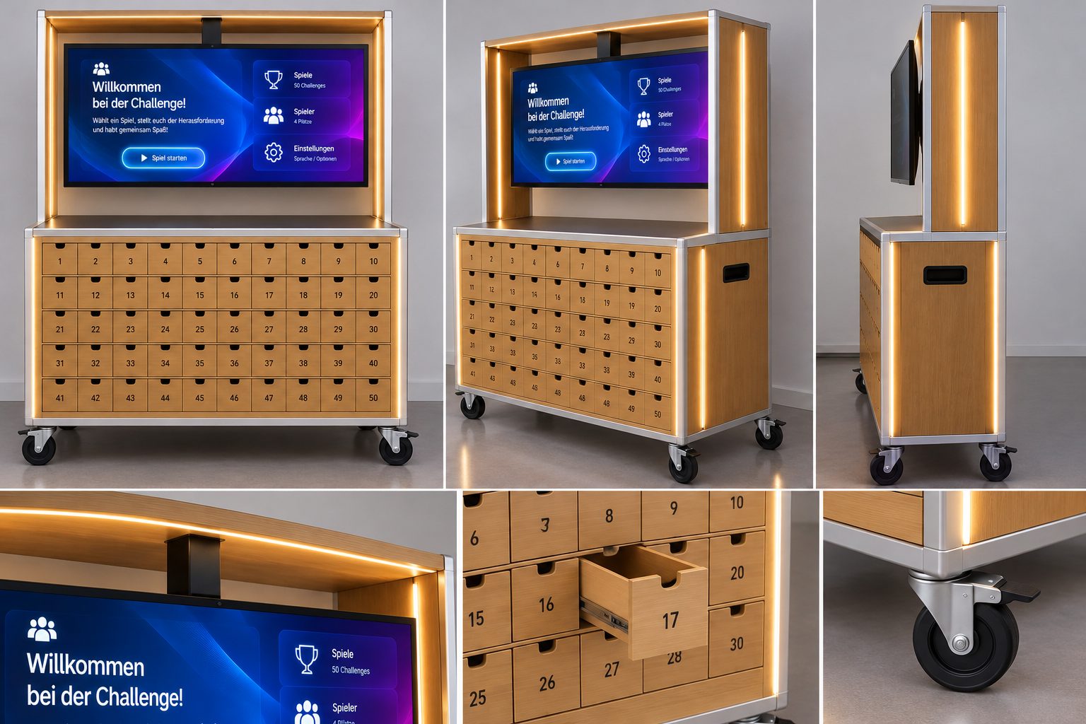 Großer Spielautomat aus mehreren Blickwinkeln mit Bildschirm, geöffneter Schublade und Rolle im Detail
