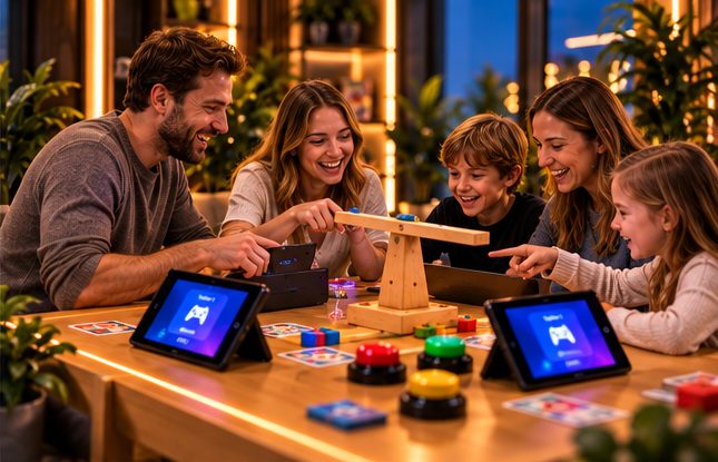 Gruppenfoto der vier Spieler am Tisch