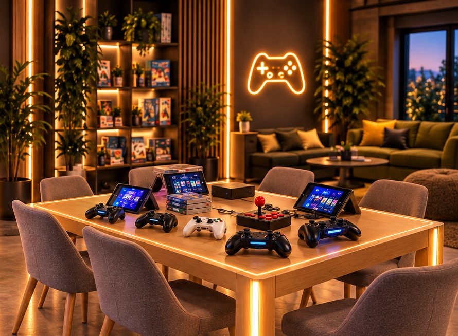 Gaming-Paket mit Controllern, Arcade-Stick und Konsole am Spieltisch