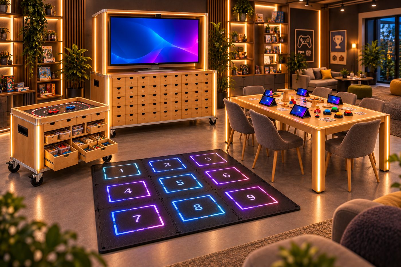 Kompletter Aufbau mit Automat, Spieltisch, Spielmatte und Beistelltisch