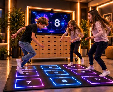 Kinder springen auf der leuchtenden Spielmatte